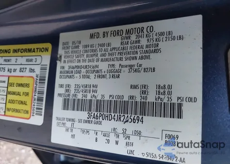 2018 Ford Fusion Se z USA, uszkodzony, nr VIN 3FA6P0HD4JR245694